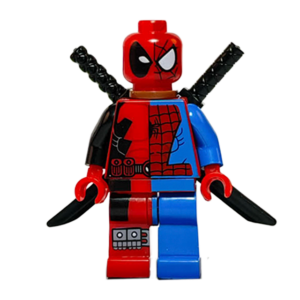 Minifigura de colección de Spider-Pool (mashup de Marvel), vistiendo un traje rojo y negro que combina el patrón de telarañas de Spider-Man con el diseño táctico de Deadpool, llevando espadas cruzadas en la espalda, sobre fondo blanco.