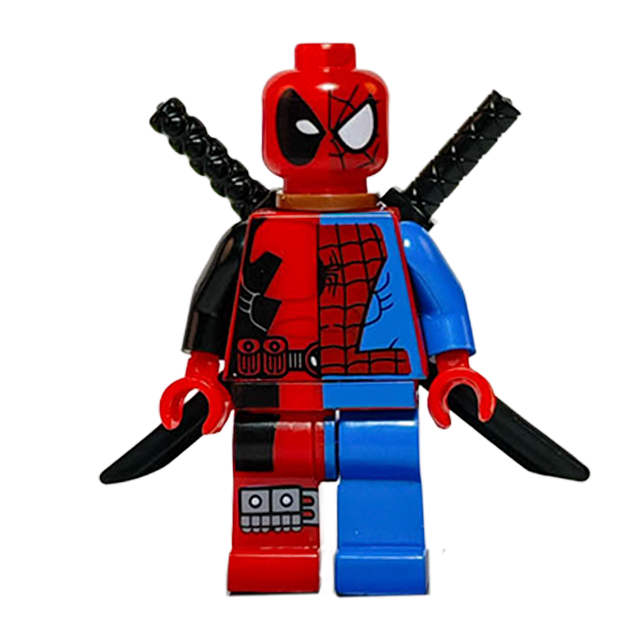 Minifigura de colección de Spider-Pool (mashup de Marvel), vistiendo un traje rojo y negro que combina el patrón de telarañas de Spider-Man con el diseño táctico de Deadpool, llevando espadas cruzadas en la espalda, sobre fondo blanco.