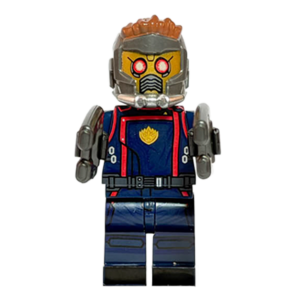 Minifigura de colección de Star-Lord de Marvel (Peter Quill), luciendo su chaqueta granate y su icónico casco espacial con visores rojos, empuñando dos armas bláster cuadradas, sobre fondo blanco.