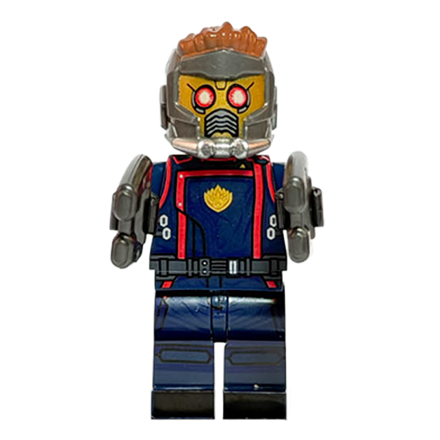 Minifigura de colección de Star-Lord de Marvel (Peter Quill), luciendo su chaqueta granate y su icónico casco espacial con visores rojos, empuñando dos armas bláster cuadradas, sobre fondo blanco.