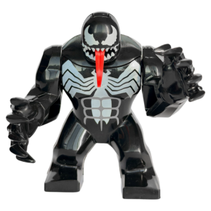 Figura gigante (BigFig) de colección de Venom de Marvel, luciendo un cuerpo masivo y extremadamente musculoso de color negro, con el gran logo de la araña blanca envolviendo el pecho y la espalda, brazos articulados gruesos, y un rostro en relieve con mandíbula gigante, colmillos y lengua roja, sobre fondo blanco.
