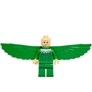 Minifigura de colección de Vulture (El Buitre) de Marvel Spider-Man, luciendo una chaqueta de piloto marrón, casco con visores verdes brillantes, y portando un enorme arnés de alas mecánicas articuladas con rotores, sobre fondo blanco.