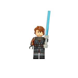 Minifigura de colección del Caballero Jedi Anakin Skywalker de Star Wars (La Venganza de los Sith), sobre fondo negro. Viste su característica túnica Jedi negra y marrón oscuro, tiene el cabello castaño con su peinado clásico del Episodio III, y empuña un sable de luz azul brillante con empuñadura gris gruesa y texturizada.