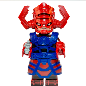 Figura colosal XL de colección de Galactus de Marvel, vistiendo su icónica armadura cósmica color violeta y azul con su característico casco gigante cuadrado, de pie de forma imponente frente a una pequeña figura plateada de Silver Surfer, sobre fondo blanco.
