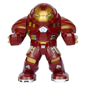 Figura gigante de colección de la armadura Hulkbuster de Marvel Avengers, en colores rojo oscuro y dorado metálico con reactor Arc en el pecho y brazos masivos articulados, sobre fondo blanco.