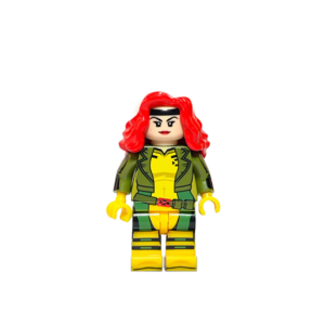 Minifigura de colección de Jean Grey de Marvel X-Men, vistiendo su traje clásico azul y amarillo con cabello pelirrojo suelto, y sosteniendo piezas translúcidas rosadas que simulan energía telequinética sobre fondo blanco.