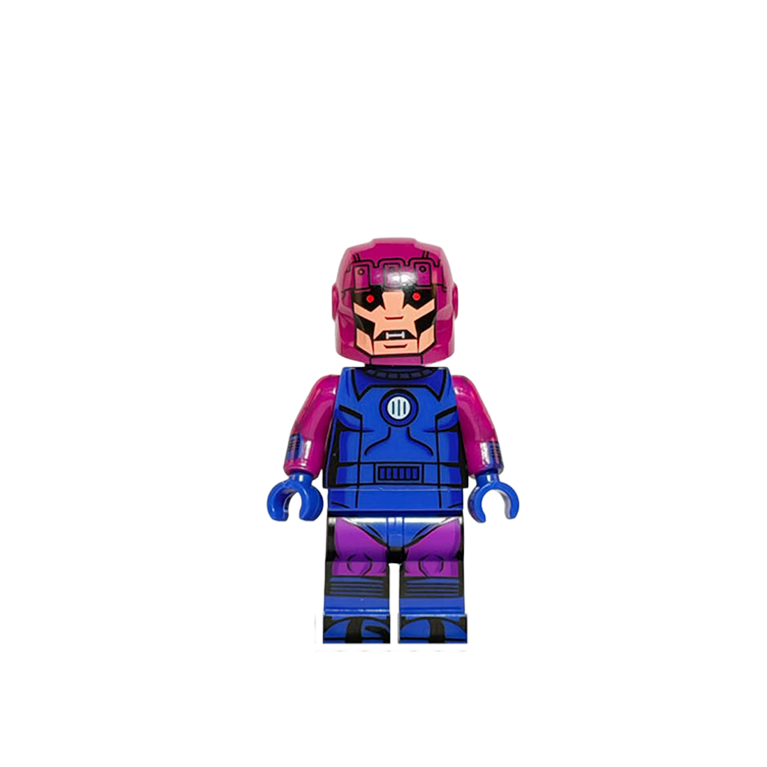 Minifigura de colección de un Centinela (Sentinel) de los X-Men, de pie sobre una base negra con fondo blanco. Luce su armadura clásica azul y morada con visores rojos y un logo circular con el número 1 en el pecho.
