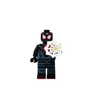 Minifigura de colección de Spider-Man (Miles Morales) de Marvel Spider-Verse, vistiendo su icónico traje negro con logo de araña roja estilo graffiti, equipado con un accesorio de rayo bioeléctrico en la mano, sobre fondo blanco.