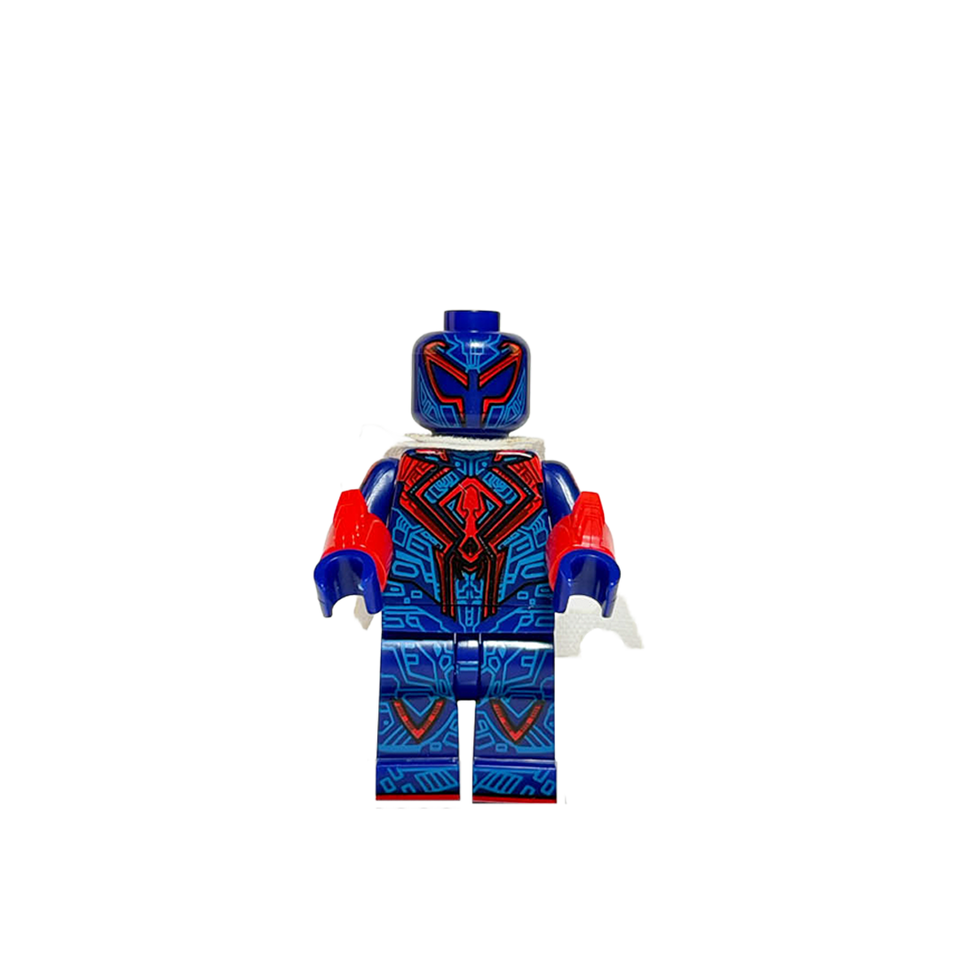 Minifigura de colección de Spider-Man 2099 de Marvel (Miguel O'Hara), vistiendo su traje futurista color azul oscuro con el gran logo de araña roja en el pecho y púas en los antebrazos, sobre fondo blanco.