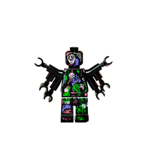 Minifigura de colección de The Spot (La Mancha) de Marvel Spider-Verse, con el cuerpo y cabeza completamente blancos cubiertos de manchas negras de diferentes tamaños que simulan portales, sosteniendo un disco negro a modo de agujero interdimensional, sobre fondo blanco.