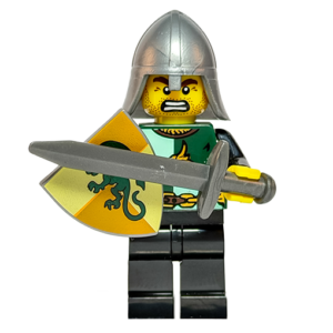 "¡Por la gloria del Dragón! ¡A la carga!" El corazón de la infantería pesada en el campo de batalla. Minifigura de Guerrero del Dragón, destacando por su túnica bicolor verde y esmeralda, casco de acero puntiagudo y su escudo heráldico de combate.