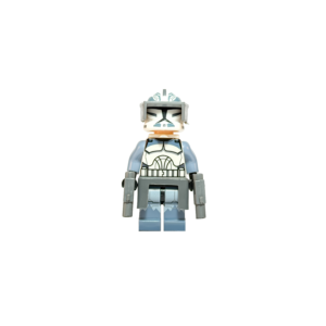 Minifigura de colección de un Soldado Clon de la Wolfpack (104º Batallón) de Star Wars con armadura Fase 1, sobre un fondo negro puro. Luce una armadura blanca con brazos y piernas en color azul grisáceo. Lleva un visor táctico gris oscuro sobre el casco, un faldón gris en la cintura y empuña dos pistolas bláster gemelas color gris.