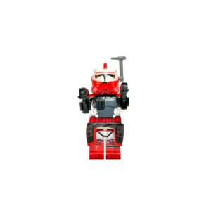 Minifigura de colección de un ARC Trooper de la Guardia de Coruscant de Star Wars, sobre un fondo negro puro. Luce una armadura blanca con intensas marcas rojas. Lleva un casco modificado con antena lateral gris, una hombrera táctica negra con cartucheras en el pecho, un faldón oscuro con detalles rojos y empuña dos pistolas bláster negras gemelas apuntando hacia adelante.