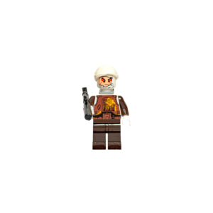 Minifigura de colección del cazarrecompensas Dengar de Star Wars, sobre un fondo negro puro. Tiene el rostro con cicatrices enmarcado por vendajes blancos en la cabeza y cuello. Viste una armadura de combate marrón desgastada con detalles de paneles de control. Sostiene apuntando hacia adelante un rifle bláster largo negro.