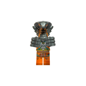 Minifigura de colección de Boa Destructor de Ninjago sobre un fondo blanco puro. Es una serpiente antropomórfica de color naranja con una gran cabeza de cobra en color gris metálico. Viste un traje con detalles tribales verdes y naranjas. Sostiene dos grandes bloques grises que funcionan como puños de combate frente a su pecho. Está parado sobre una base de exposición negra.