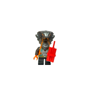 Minifigura de colección de Python Dynamite de Ninjago sobre un fondo negro. Es una serpiente antropomórfica con torso naranja y piernas negras. Tiene una gran cabeza de cobra en color gris metálico con ojos naranja. Sostiene un cartucho de dinamita roja con mecha en su mano izquierda. La figura resalta por el contraste de colores contra el fondo oscuro.
